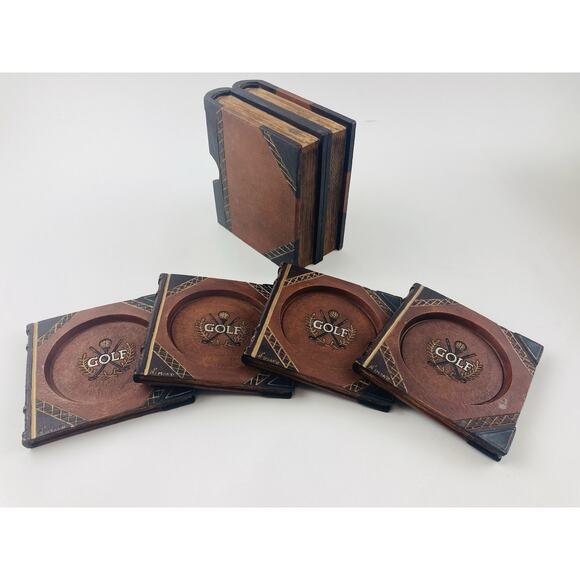 SET OF 4 VINTAGE BOOK GOLF COASTER SET WITH BOOKSHELF HOLDER Wood Resin Office D - Picture 1 of 16